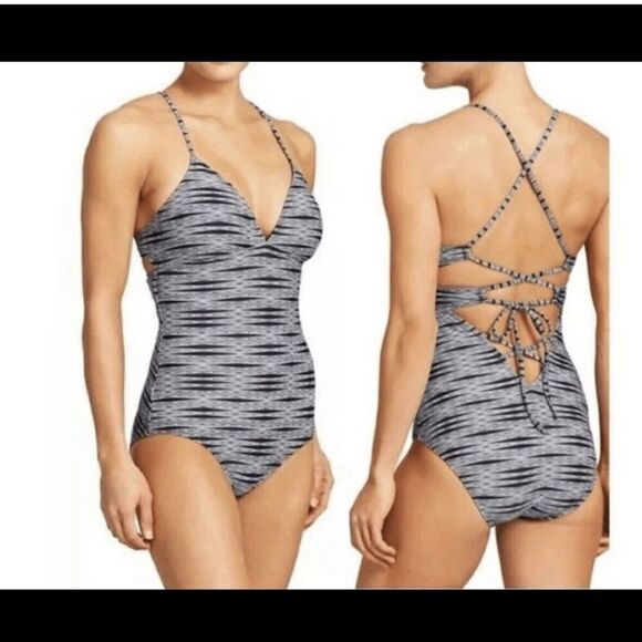 Athleta Ariel Strappy Back One Piece Swim Suit S Black White Open Back - Picture 1 of 15
